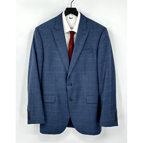 STAFFORD jacket blazer sport coat travel stretch windowpane plaid mid blue 42L - Picture 2 of 10